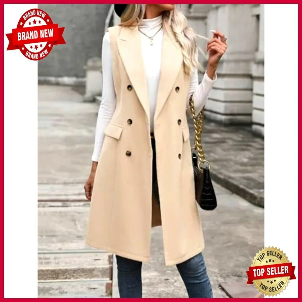 Medium Wool Blend Vest Sleeveless Blazer Jacket Knee Length Outerwear